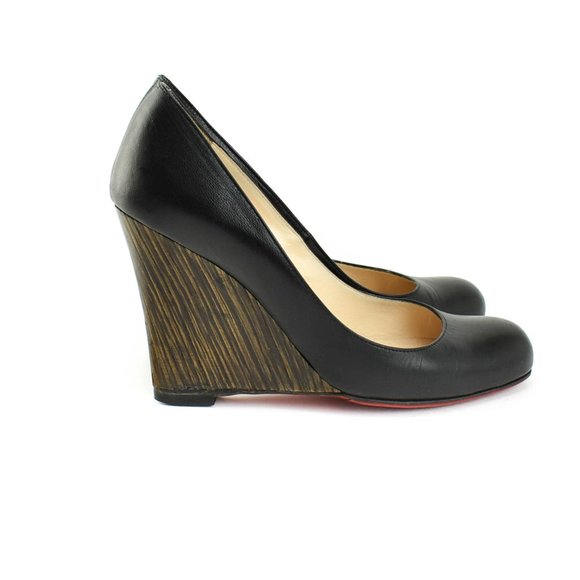 LOUBOUTIN: Black, Leather & "Bamboo" Wedge Heels - Picture 5 of 8